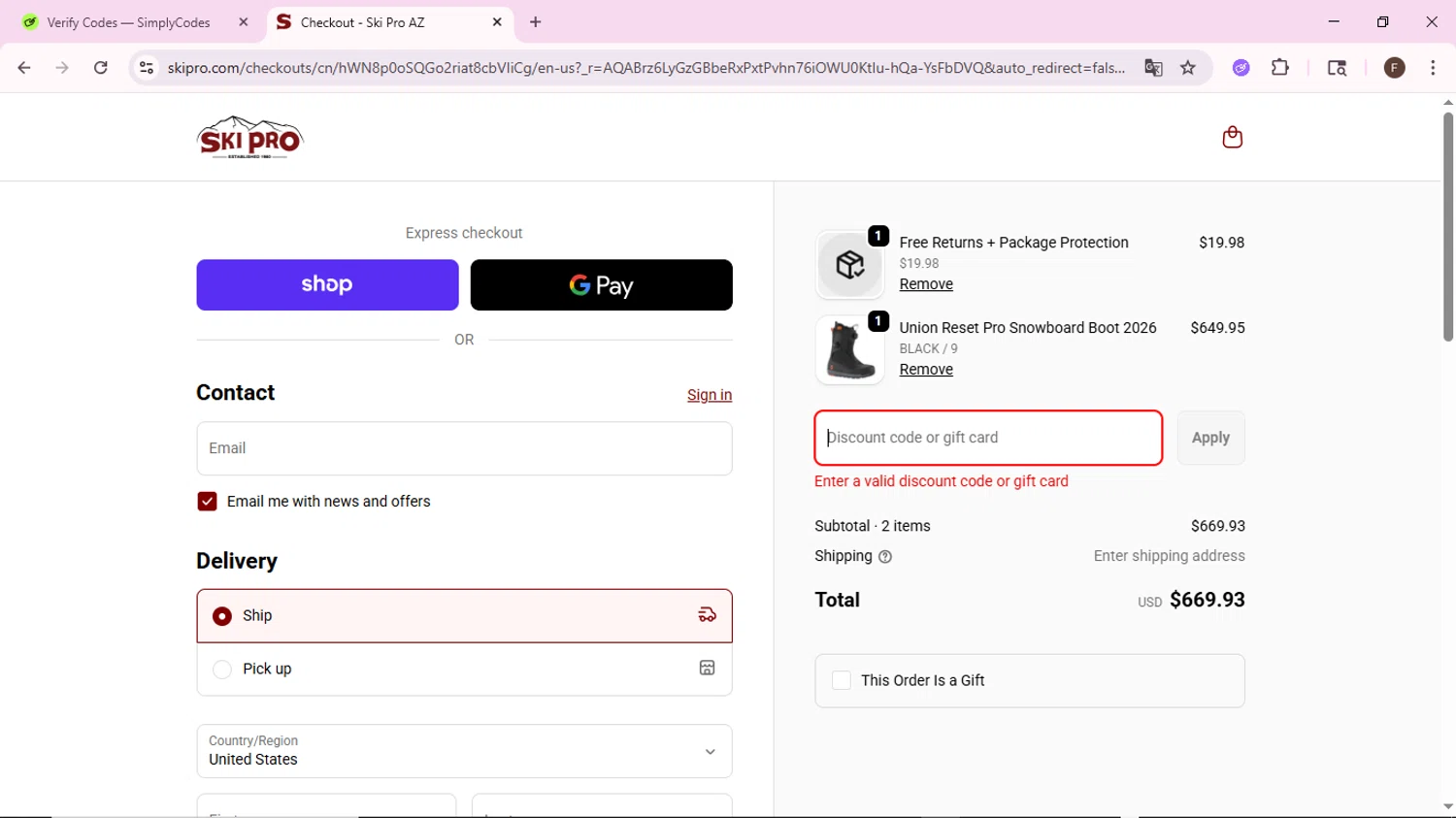 Ski Pro discount code screenshot showing code 2026GEAR applied at Ski Pro checkout page. Uploaded by SimplyCodes community member BargainShopper1802 on Feb 15, 2026