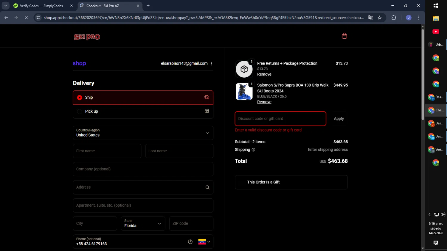 Ski Pro discount code screenshot showing code 2026GEAR applied at Ski Pro checkout page. Uploaded by SimplyCodes community member CouponGuardian8137 on Feb 14, 2026
