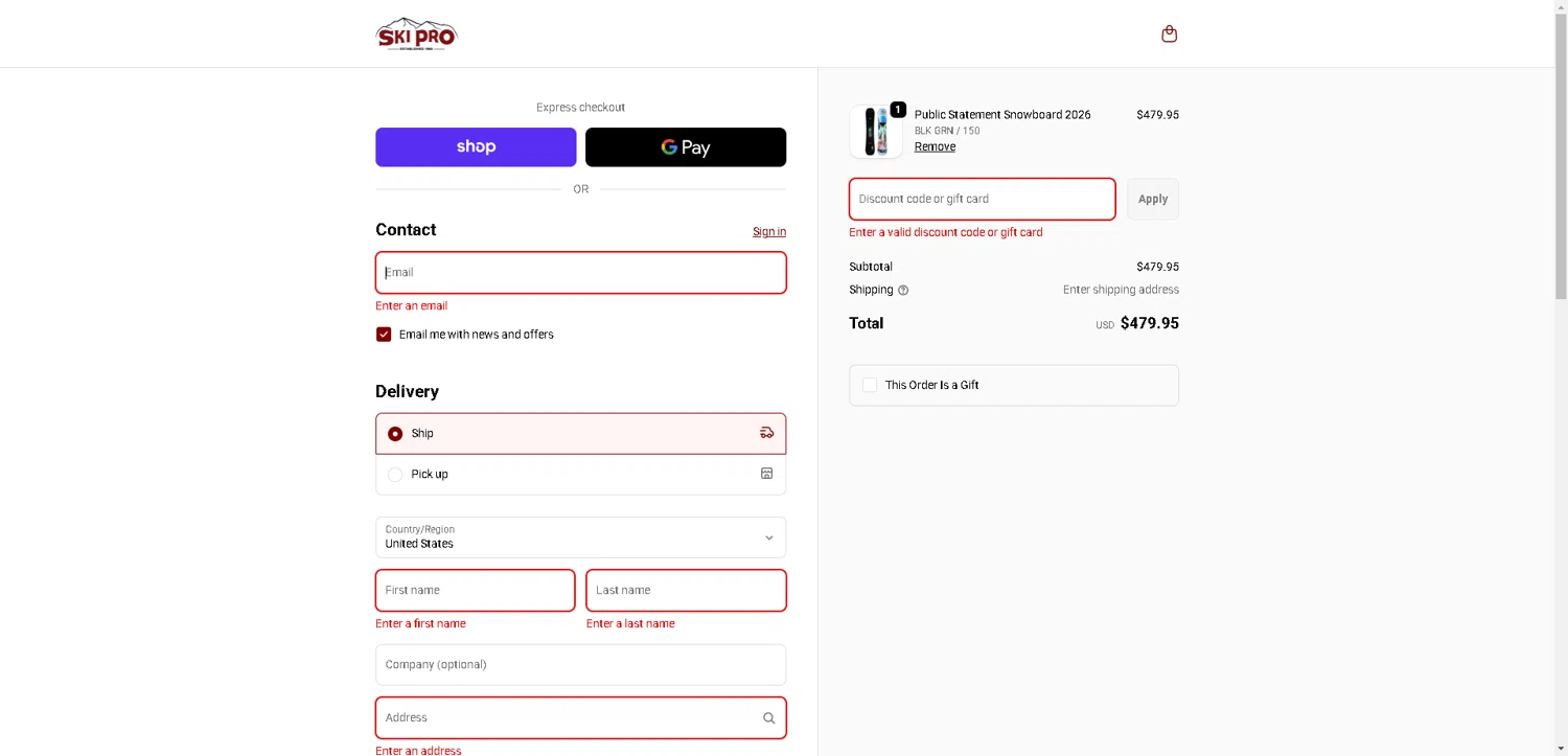 Ski Pro discount code screenshot showing code 2026GEAR applied at Ski Pro checkout page. Uploaded by SimplyCodes community member DerekRoberson on Nov 26, 2025