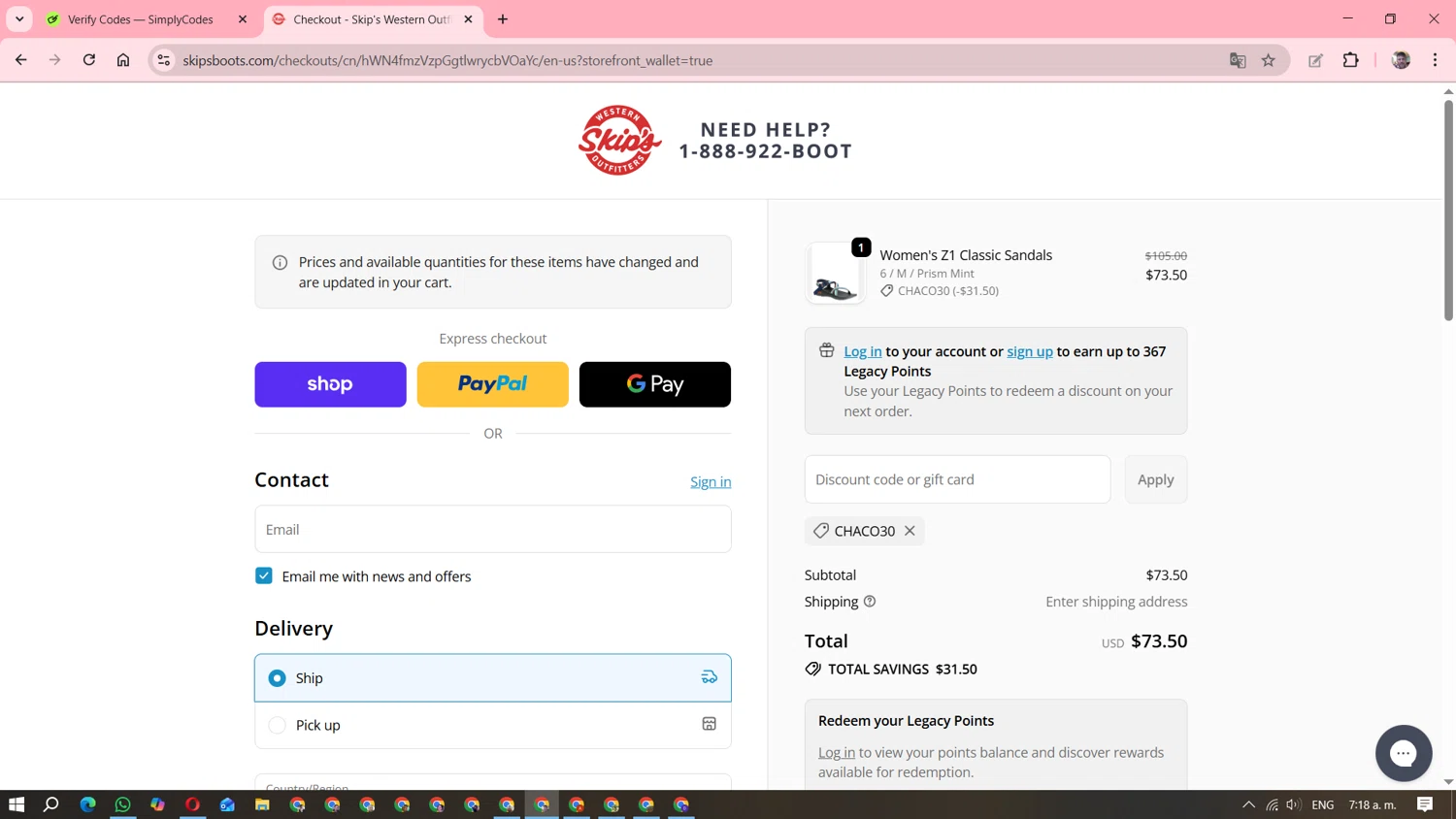 Skips Boots discount code screenshot showing code CHACO30 applied at Skips Boots checkout page. Uploaded by SimplyCodes community member DavGutFig on Oct 29, 2025