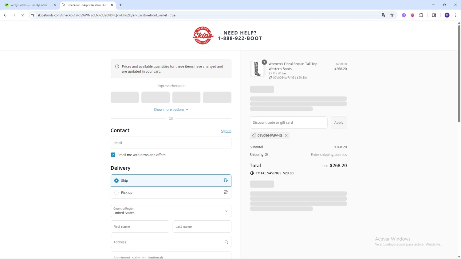 Skips Boots discount code screenshot showing code 09V0964WFV4G applied at Skips Boots checkout page. Uploaded by SimplyCodes community member CRF250CC on Sep 10, 2025