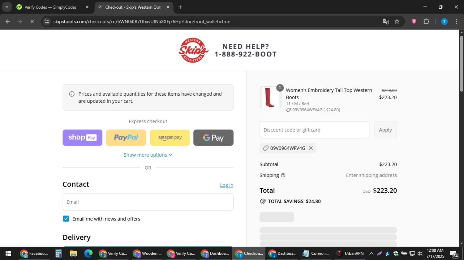 Skips Boots discount code screenshot showing code 09V0964WFV4G applied at Skips Boots checkout page. Uploaded by SimplyCodes community member hankt1521 on Jul 17, 2025