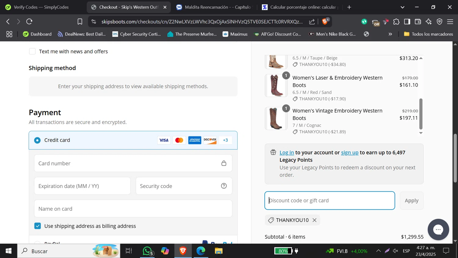 Skips Boots discount code screenshot showing code THANKYOU10 applied at Skips Boots checkout page. Uploaded by SimplyCodes community member DORIANGEL on Apr 23, 2025