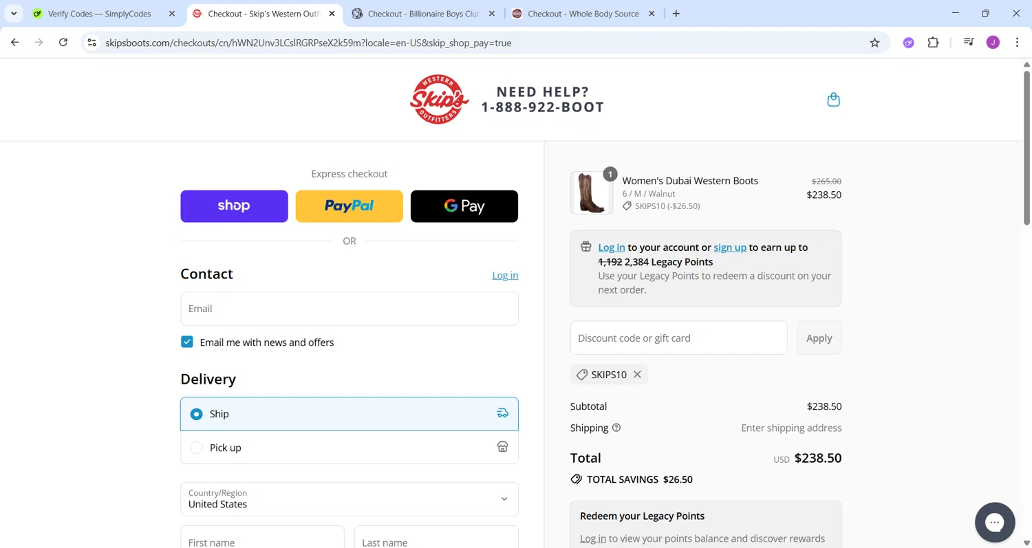 Skips Boots discount code screenshot showing code SKIPS10 applied at Skips Boots checkout page. Uploaded by SimplyCodes community member CleverChaser8361 on Sep 2, 2025
