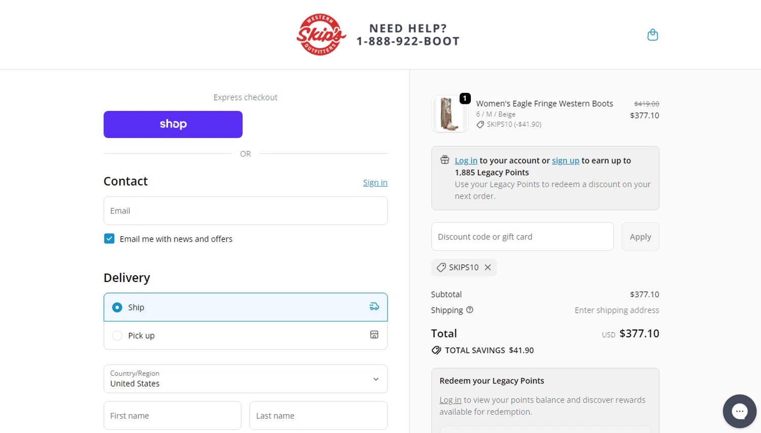 Skips Boots discount code screenshot showing code SKIPS10 applied at Skips Boots checkout page. Uploaded by SimplyCodes community member oliveririarte on Nov 6, 2025
