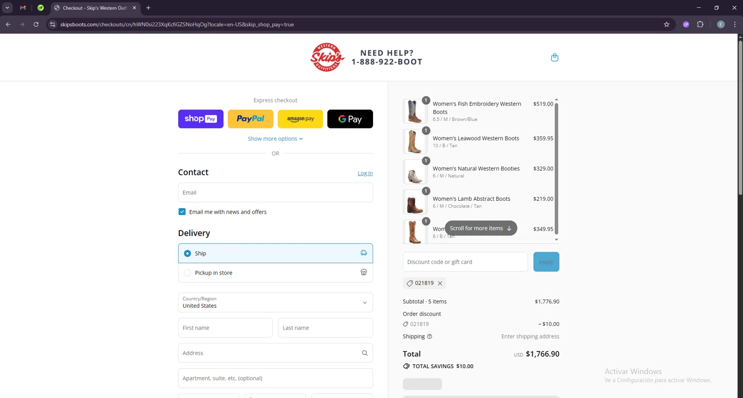 Skips Boots discount code screenshot showing code 021819 applied at Skips Boots checkout page. Uploaded by SimplyCodes community member LuckyExpert7689 on Jul 21, 2025