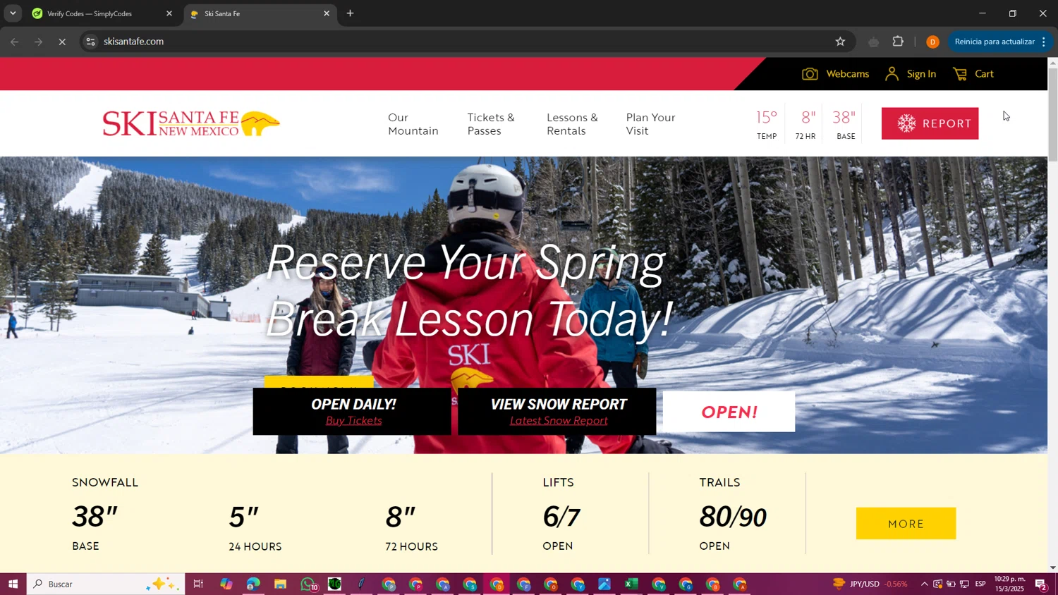 Ski Santa Fe promo code screenshot showing code SAVE20 applied at Ski Santa Fe checkout page. Uploaded by SimplyCodes community member ShieldMaestro9172 on Mar 16, 2025