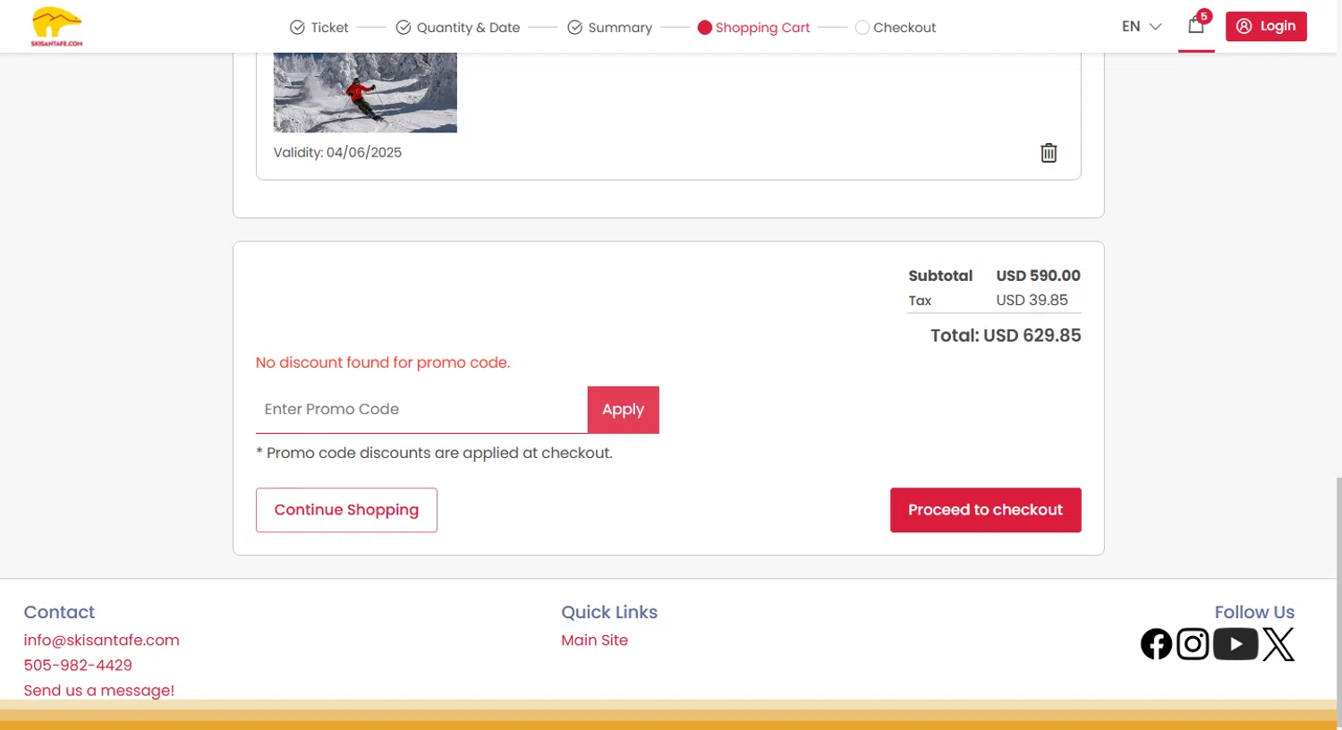 Ski Santa Fe promo code screenshot showing code SAVE20 applied at Ski Santa Fe checkout page. Uploaded by SimplyCodes community member TreasureShopper9156 on Mar 16, 2025