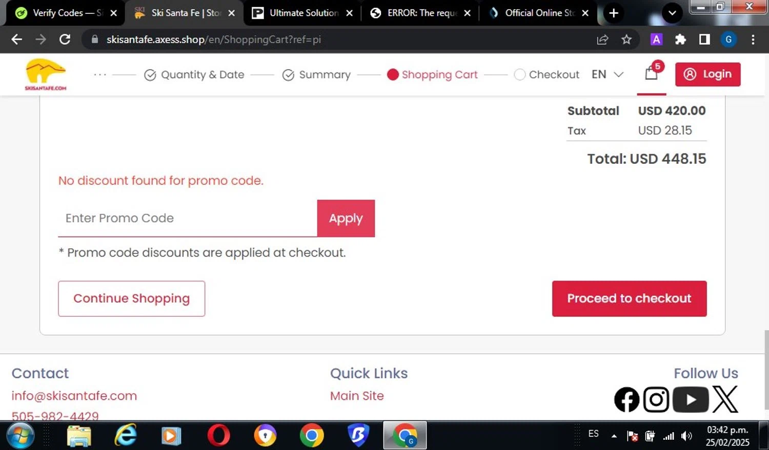 Ski Santa Fe promo code screenshot showing code SAVE20 applied at Ski Santa Fe checkout page. Uploaded by SimplyCodes community member miguelcrast on Feb 25, 2025