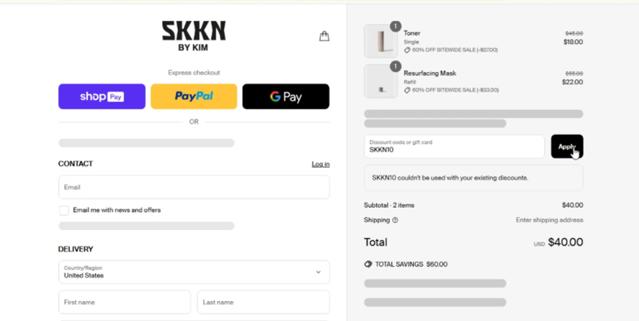 SKKN BY KIM checkout page showing SKKN BY KIM discount code box | Screenshot taken by SimplyCodes community member on Jul 24, 2025