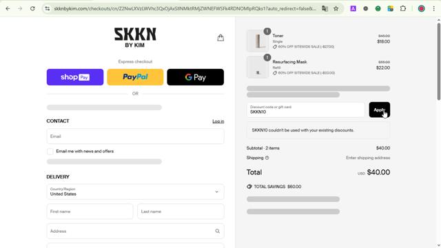 SKKN BY KIM checkout page showing SKKN BY KIM discount code box | Screenshot taken by SimplyCodes community member on Jun 25, 2025