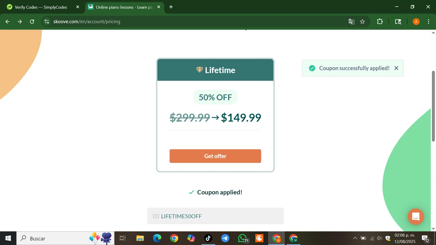Skoove promo code screenshot showing code LIFETIME50OFF applied at Skoove checkout page. Uploaded by SimplyCodes community member AlfredoBonifacio on Aug 12, 2025