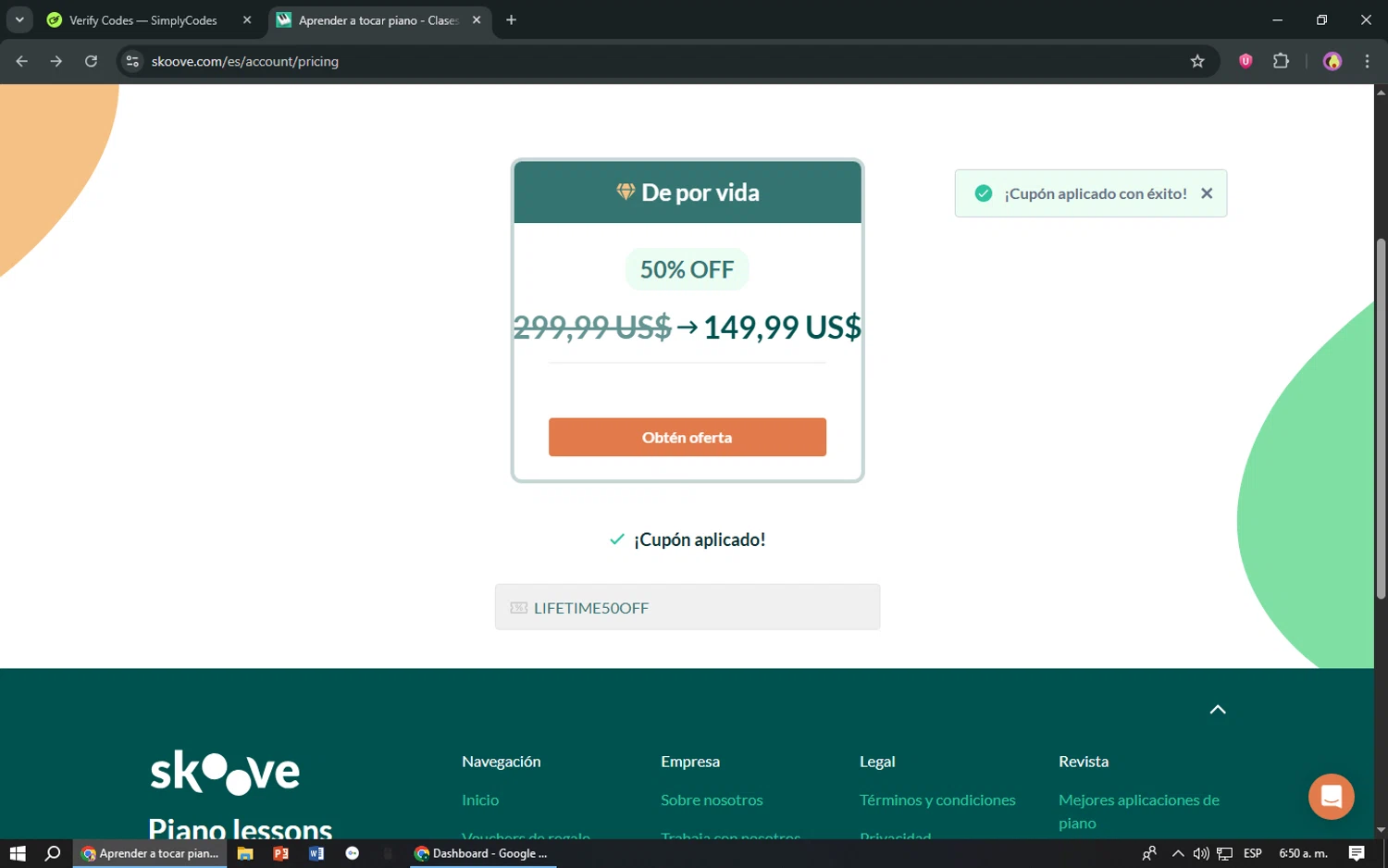 Skoove promo code screenshot showing code LIFETIME50OFF applied at Skoove checkout page. Uploaded by SimplyCodes community member TreasureShopper9156 on Sep 10, 2025
