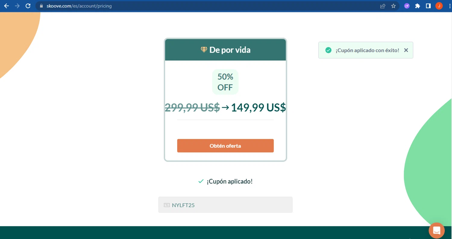 Skoove promo code screenshot showing code NYLFT25 applied at Skoove checkout page. Uploaded by SimplyCodes community member FranquizJoel on Aug 11, 2025
