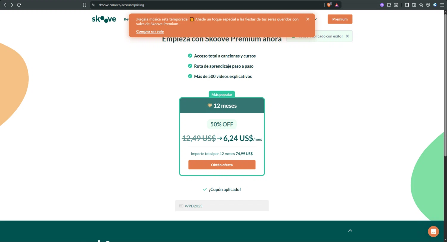 Skoove checkout page showing Skoove promo code box | Screenshot taken by SimplyCodes community member on Oct 14, 2025