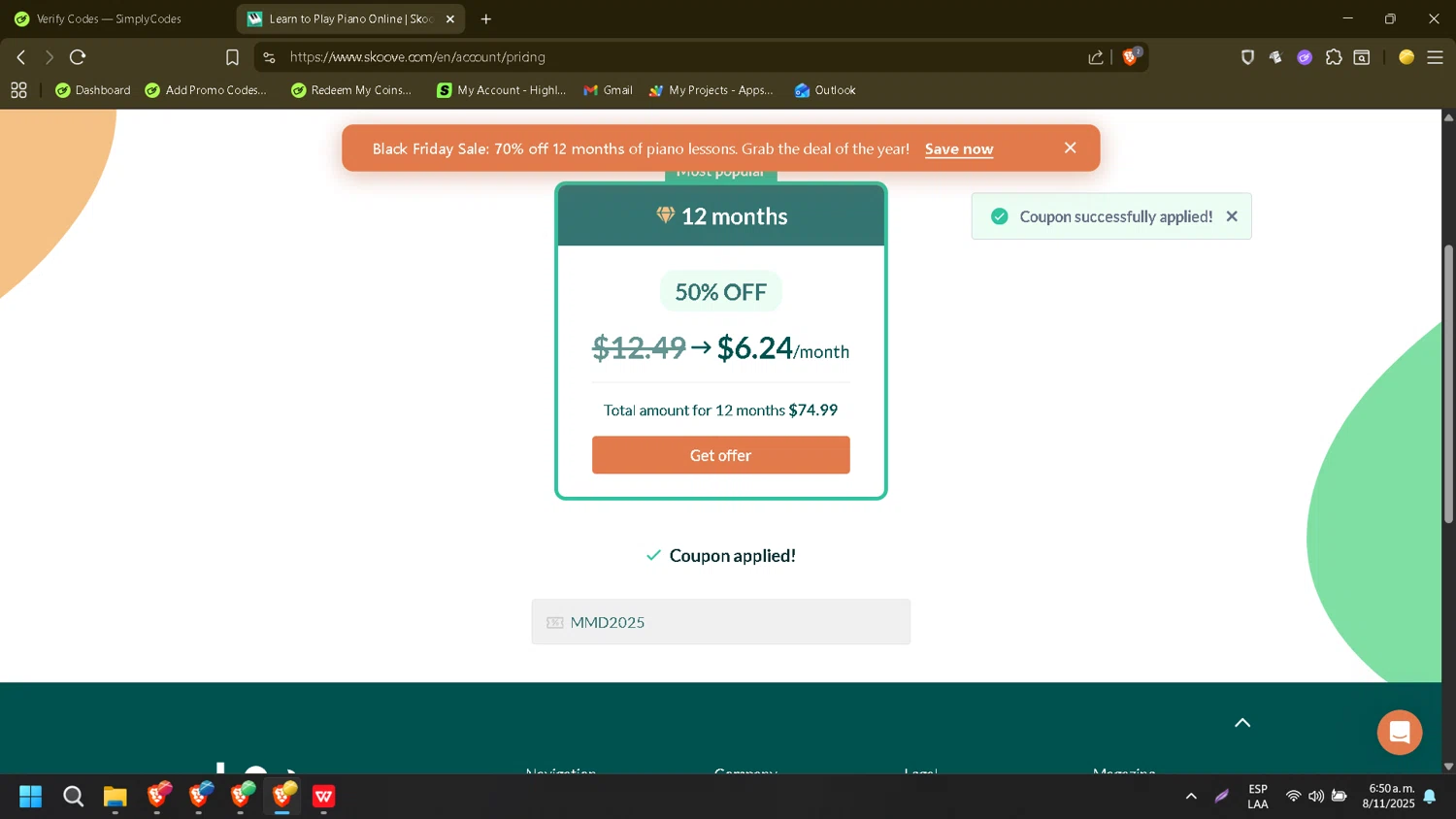 Skoove promo code screenshot showing code MMD2025 applied at Skoove checkout page. Uploaded by SimplyCodes community member CleverMonarch8868 on Nov 8, 2025