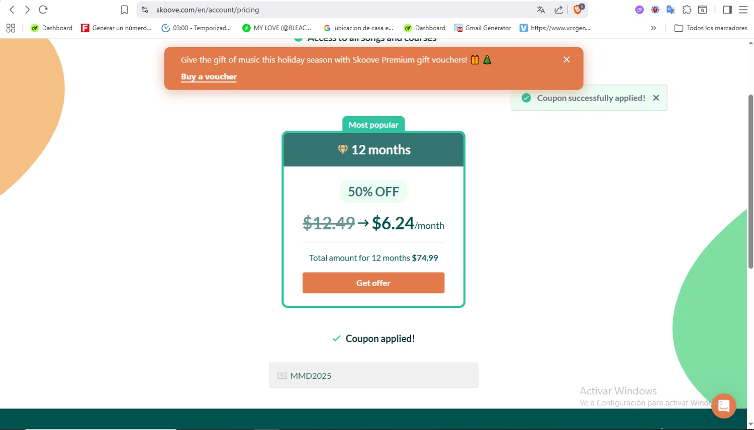 Skoove promo code screenshot showing code MMD2025 applied at Skoove checkout page. Uploaded by SimplyCodes community member VoucherFalcon3942 on Dec 7, 2025