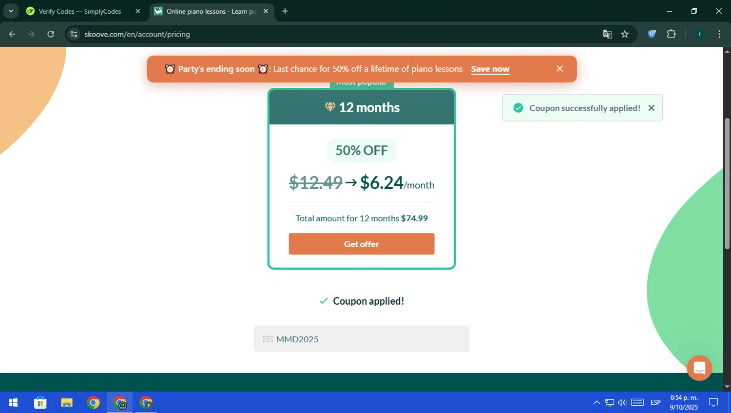 Skoove promo code screenshot showing code MMD2025 applied at Skoove checkout page. Uploaded by SimplyCodes community member rodri1 on Oct 9, 2025