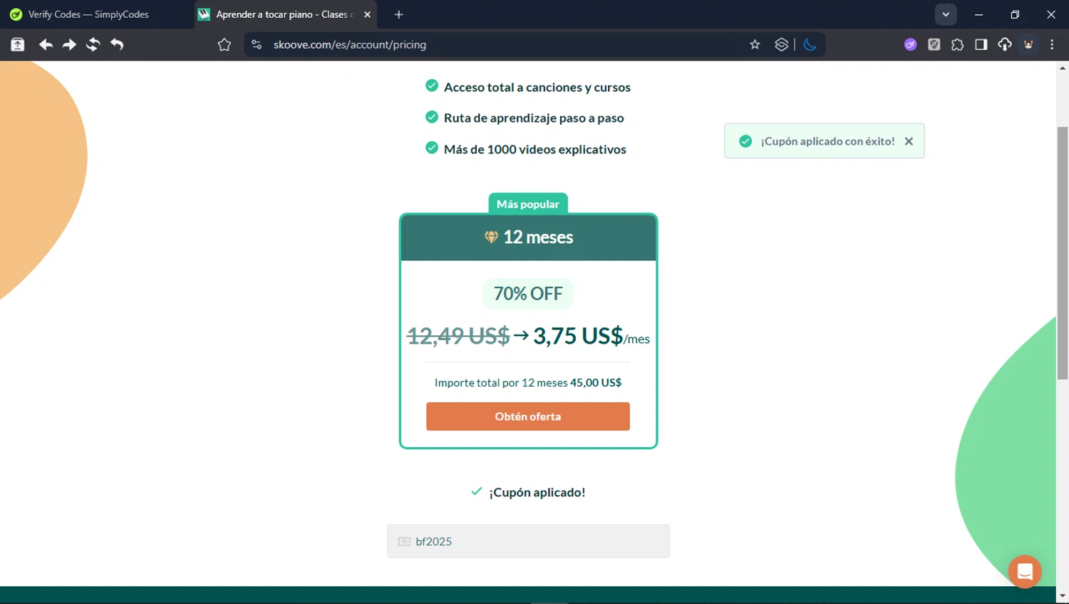 Skoove promo code screenshot showing code bf2025 applied at Skoove checkout page. Uploaded by SimplyCodes community member BrilliantTitan6909 on Jan 30, 2026