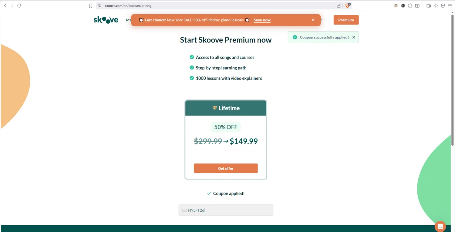 Skoove checkout page showing Skoove promo code box | Screenshot taken by SimplyCodes community member on Jan 4, 2026