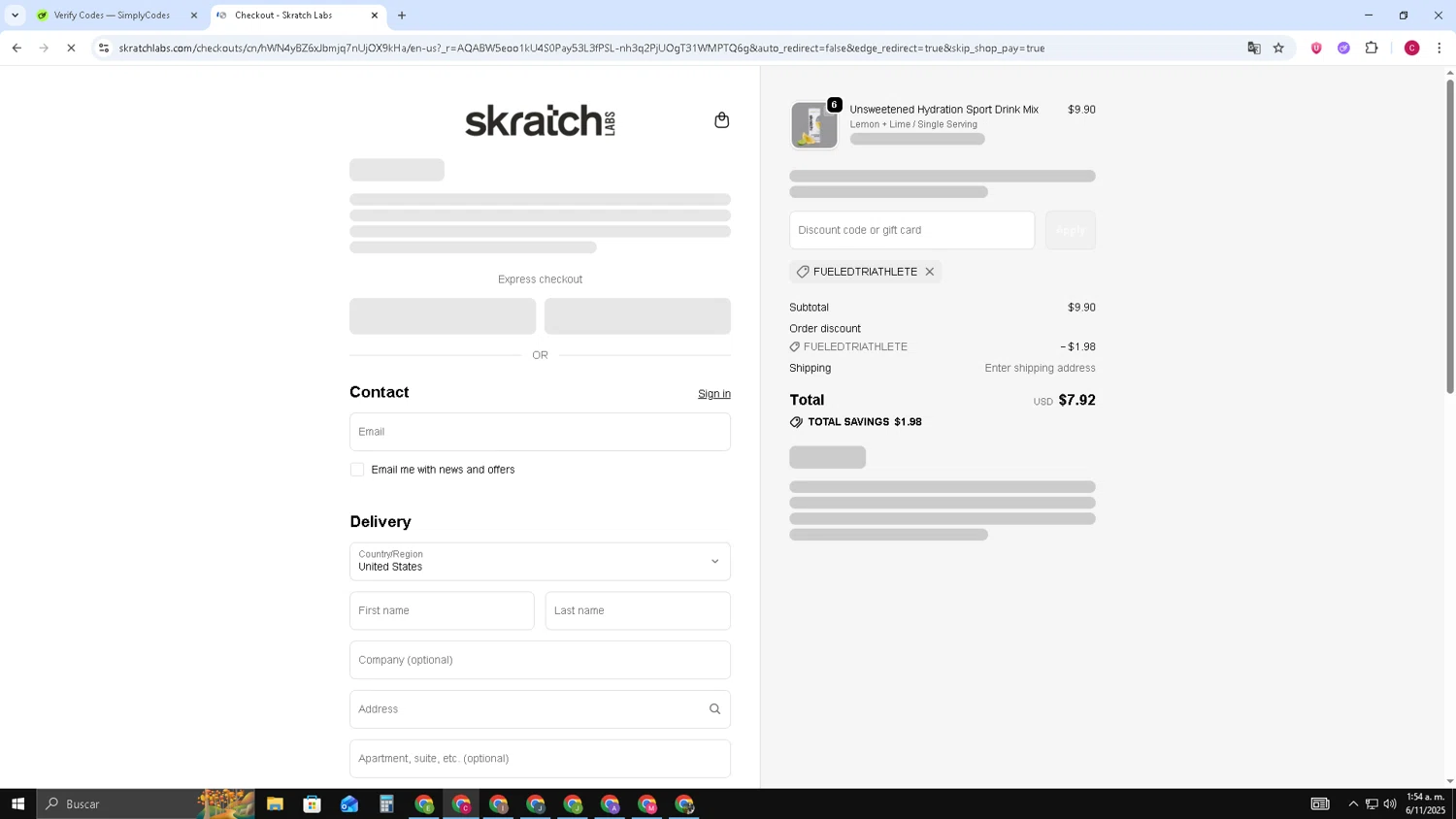 Skratch Labs discount code screenshot showing code FUELEDTRIATHLETE applied at Skratch Labs checkout page. Uploaded by SimplyCodes community member TOROREX250 on Nov 6, 2025