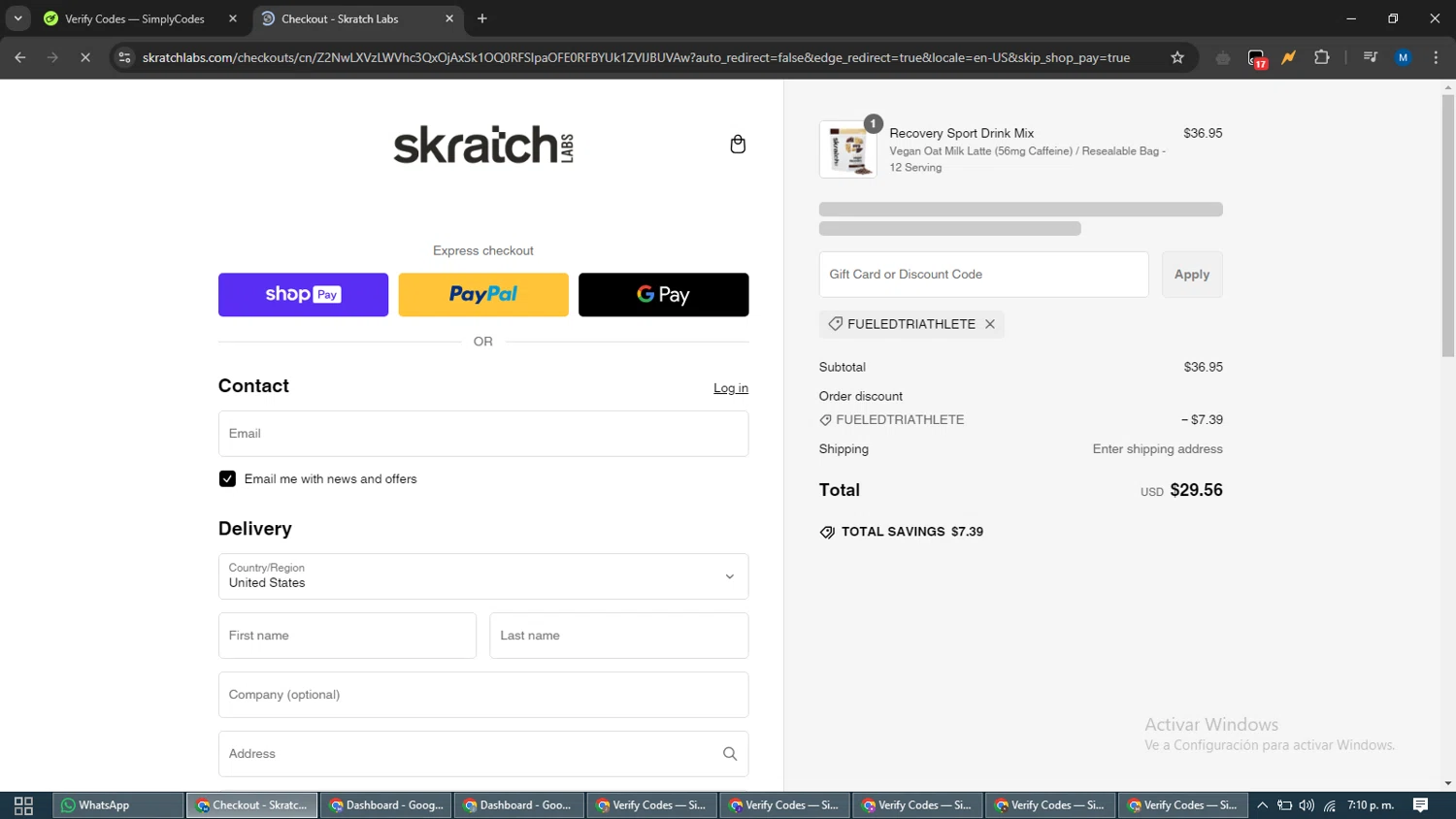 Skratch Labs discount code screenshot showing code FUELEDTRIATHLETE applied at Skratch Labs checkout page. Uploaded by SimplyCodes community member EpicVoyager2820 on Feb 21, 2025