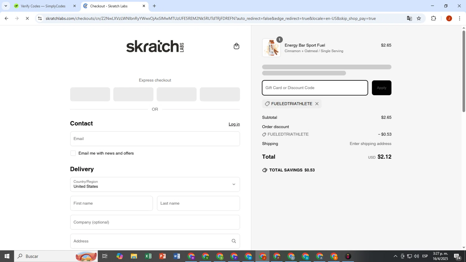 Skratch Labs discount code screenshot showing code FUELEDTRIATHLETE applied at Skratch Labs checkout page. Uploaded by SimplyCodes community member FortunateCurator1047 on Apr 16, 2025