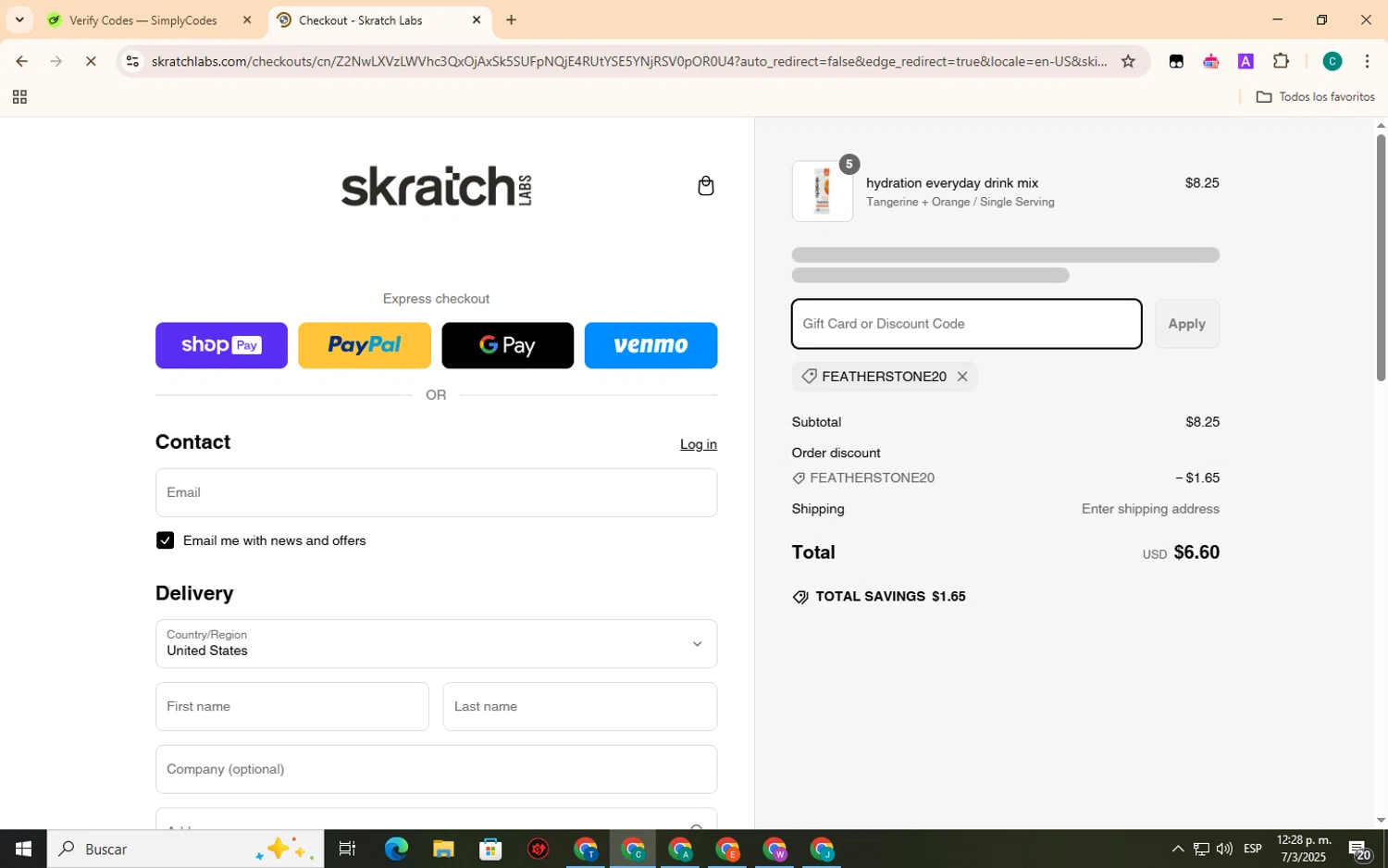 Skratch Labs discount code screenshot showing code FEATHERSTONE20 applied at Skratch Labs checkout page. Uploaded by SimplyCodes community member EpicSpotter3493 on Mar 7, 2025