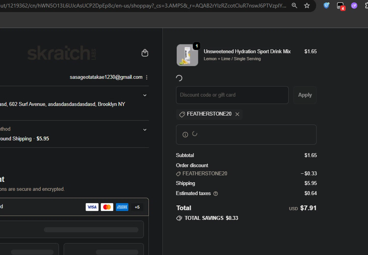 Skratch Labs discount code screenshot showing code FEATHERSTONE20 applied at Skratch Labs checkout page. Uploaded by SimplyCodes community member jaimitoalcachofa on Nov 17, 2025