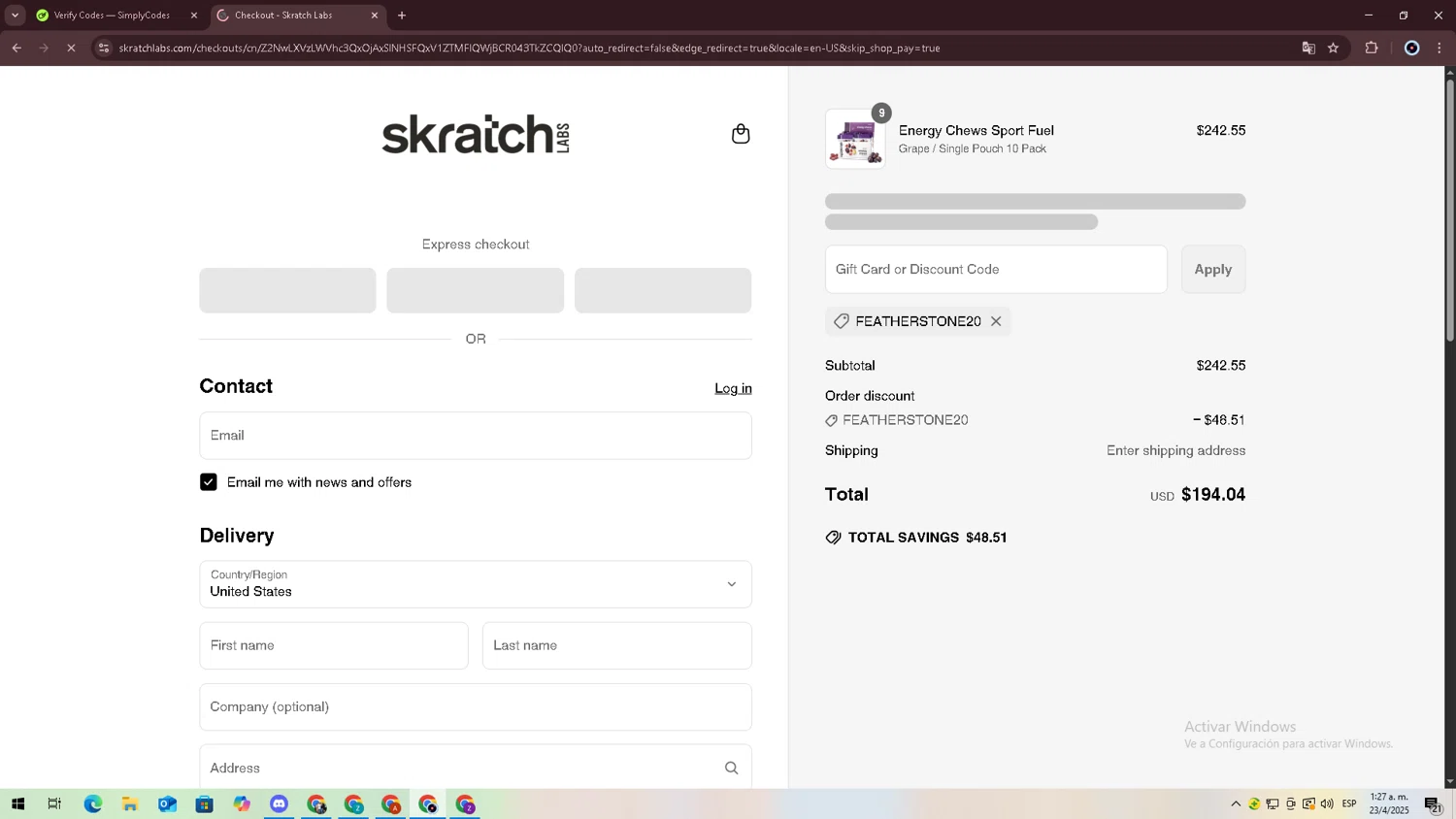 Skratch Labs discount code screenshot showing code FEATHERSTONE20 applied at Skratch Labs checkout page. Uploaded by SimplyCodes community member jessrodrguez2 on Apr 23, 2025
