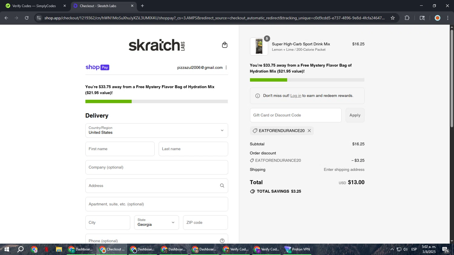 Skratch Labs discount code screenshot showing code EATFORENDURANCE20 applied at Skratch Labs checkout page. Uploaded by SimplyCodes community member BonusCaptain9927 on Aug 3, 2025