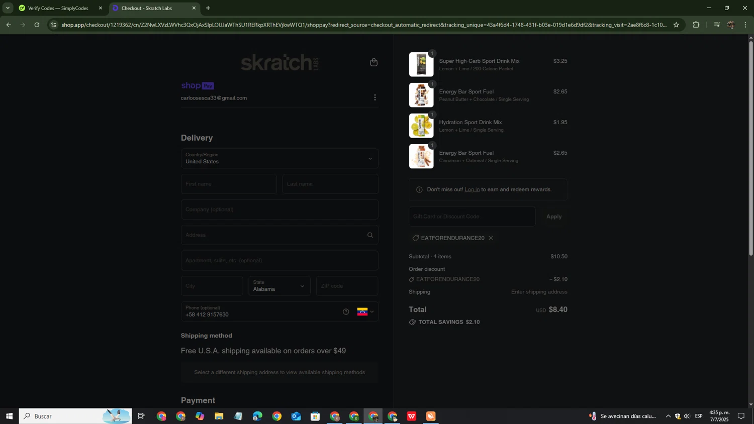 Skratch Labs discount code screenshot showing code EATFORENDURANCE20 applied at Skratch Labs checkout page. Uploaded by SimplyCodes community member ThriftySage4292 on Jul 7, 2025