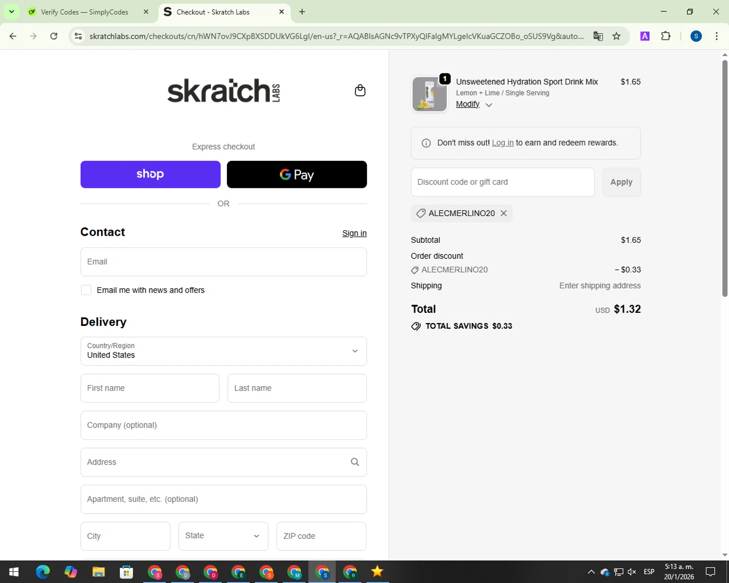 Skratch Labs discount code screenshot showing code ALECMERLINO20 applied at Skratch Labs checkout page. Uploaded by SimplyCodes community member 00000007 on Jan 20, 2026