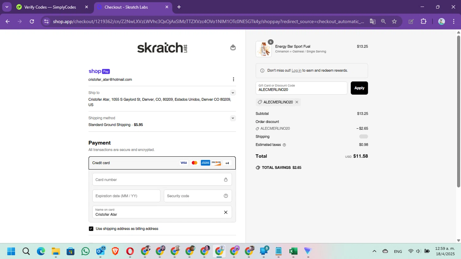 Skratch Labs discount code screenshot showing code ALECMERLINO20 applied at Skratch Labs checkout page. Uploaded by SimplyCodes community member Marielis on Apr 18, 2025