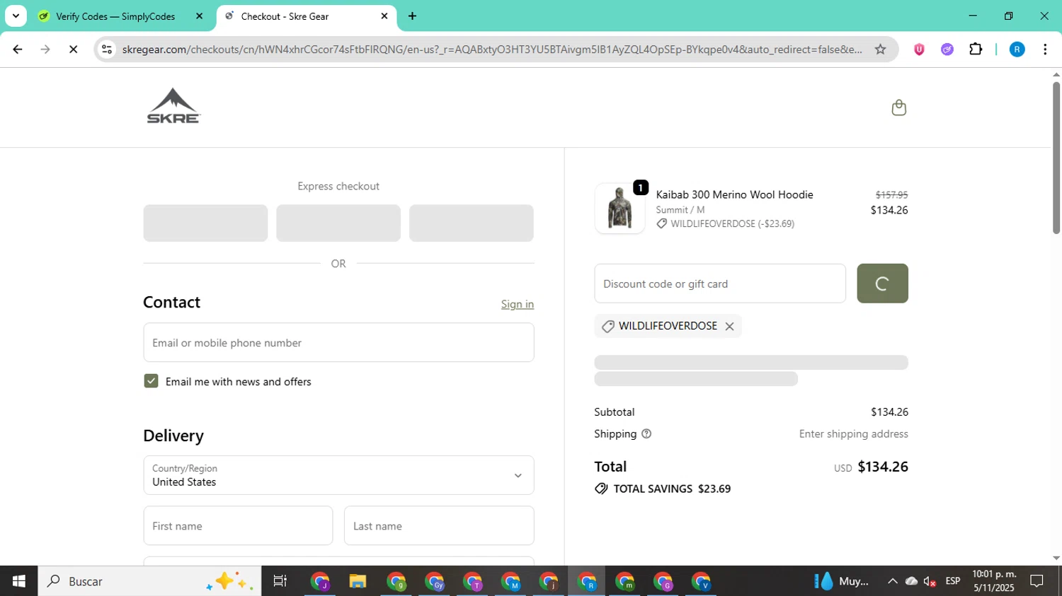 Skre Gear discount code screenshot showing code wildlifeoverdose applied at Skre Gear checkout page. Uploaded by SimplyCodes community member CodeShopper8605 on Nov 6, 2025
