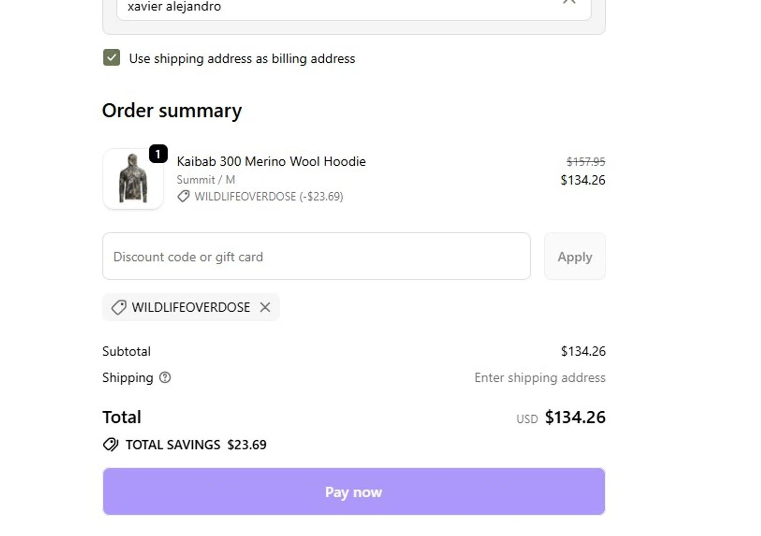 Skre Gear discount code screenshot showing code wildlifeoverdose applied at Skre Gear checkout page. Uploaded by SimplyCodes community member Firmino on Oct 29, 2025
