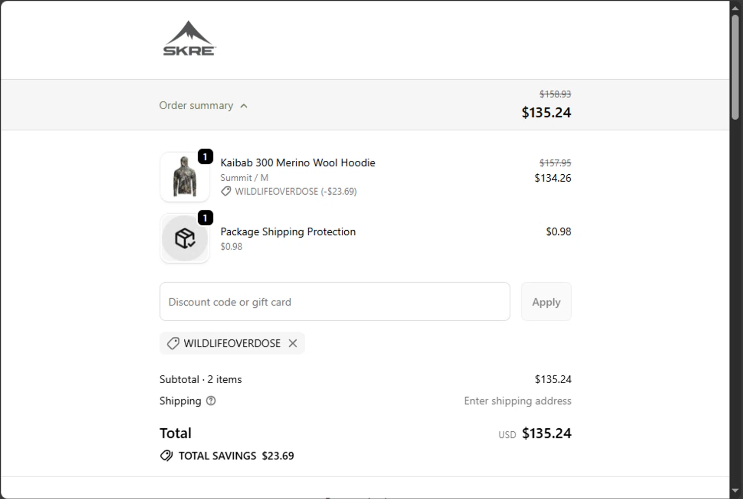 Skre Gear discount code screenshot showing code wildlifeoverdose applied at Skre Gear checkout page. Uploaded by SimplyCodes community member jupitera on Nov 6, 2025