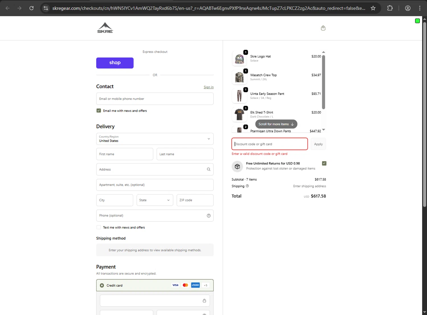 Skre Gear discount code screenshot showing code TWI applied at Skre Gear checkout page. Uploaded by SimplyCodes community member ValiantFox2134 on Nov 27, 2025