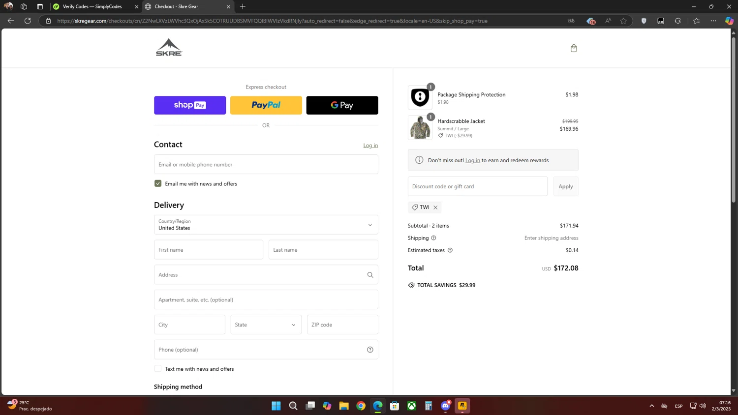 Skre Gear discount code screenshot showing code TWI applied at Skre Gear checkout page. Uploaded by SimplyCodes community member Flores on Mar 2, 2025