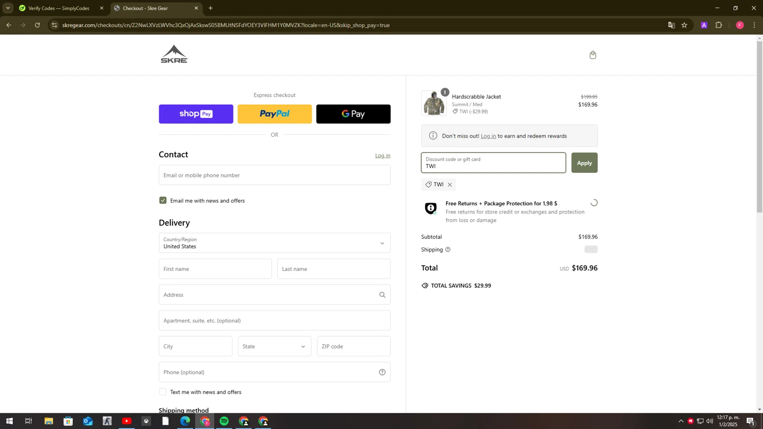 Skre Gear discount code screenshot showing code TWI applied at Skre Gear checkout page. Uploaded by SimplyCodes community member FortunatePilot2384 on Feb 1, 2025