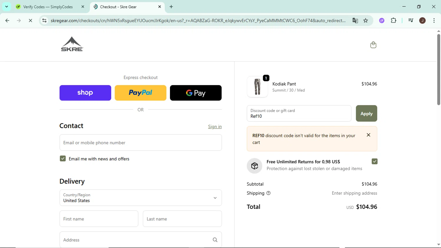 Skre Gear discount code screenshot showing code Ref10 applied at Skre Gear checkout page. Uploaded by SimplyCodes community member LegendaryAce8627 on Dec 2, 2025