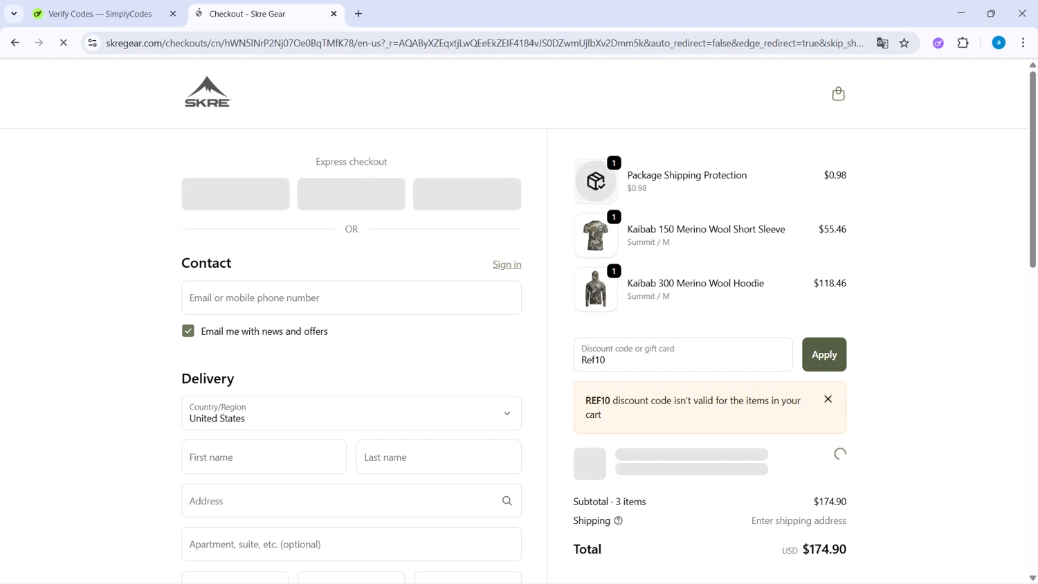 Skre Gear discount code screenshot showing code Ref10 applied at Skre Gear checkout page. Uploaded by SimplyCodes community member WiseHawk9255 on Nov 27, 2025