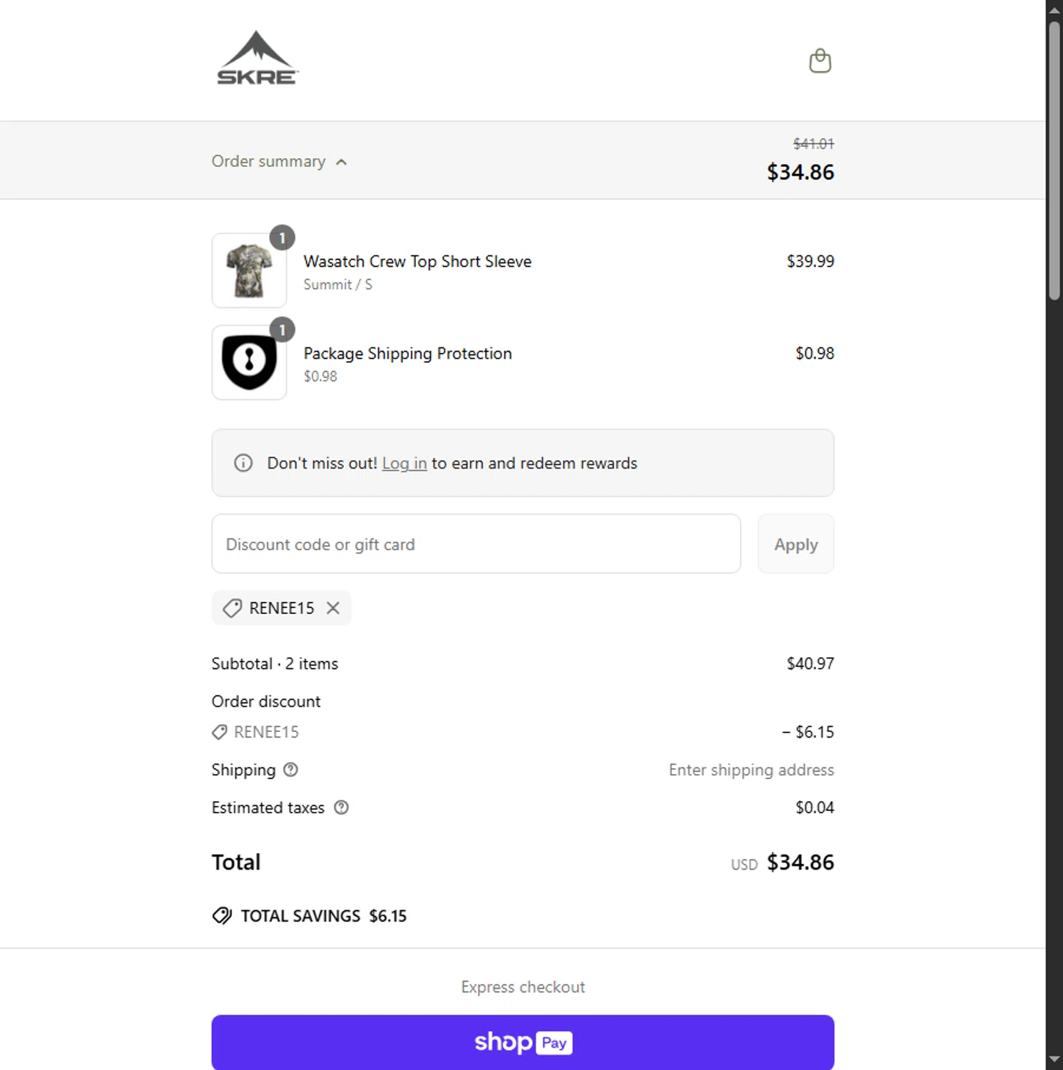 Skre Gear discount code screenshot showing code renee15 applied at Skre Gear checkout page. Uploaded by SimplyCodes community member Alejandra10 on Jun 14, 2025