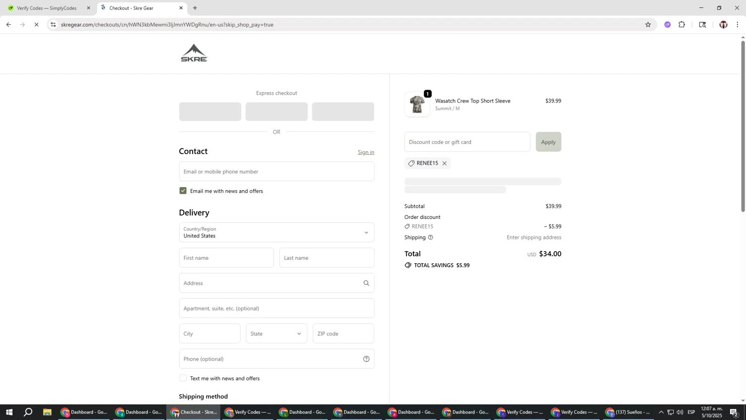 Skre Gear discount code screenshot showing code renee15 applied at Skre Gear checkout page. Uploaded by SimplyCodes community member Salometta on Oct 5, 2025