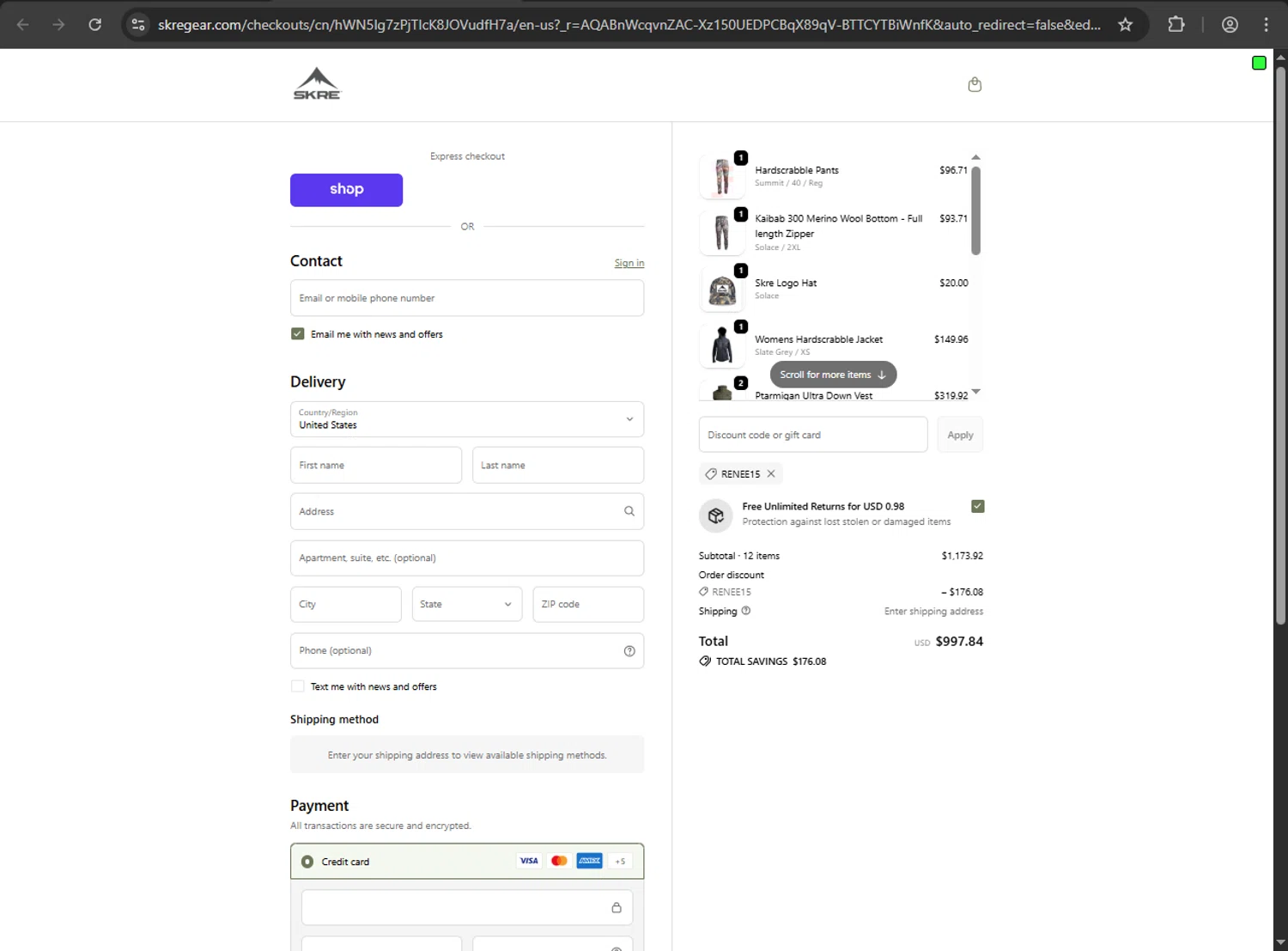 Skre Gear discount code screenshot showing code renee15 applied at Skre Gear checkout page. Uploaded by SimplyCodes community member VictoriousDefender1681 on Nov 27, 2025
