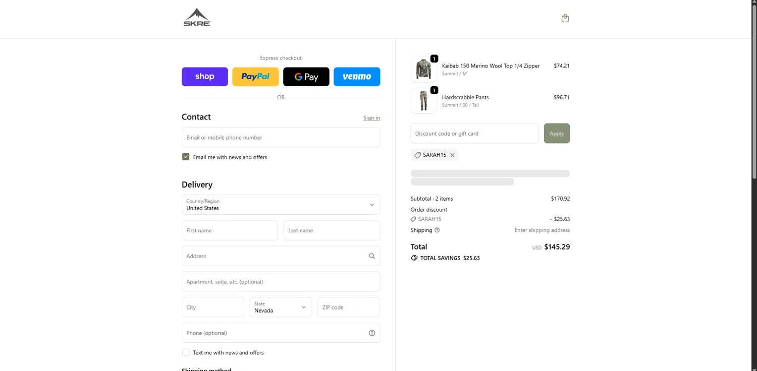 Skre Gear discount code screenshot showing code sarah15 applied at Skre Gear checkout page. Uploaded by SimplyCodes community member WonderVirtuoso3484 on Nov 26, 2025