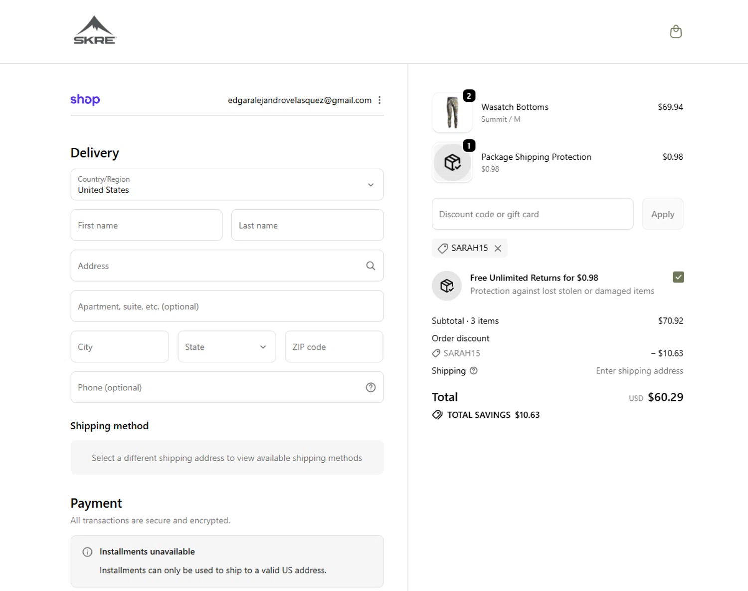 Skre Gear discount code screenshot showing code sarah15 applied at Skre Gear checkout page. Uploaded by SimplyCodes community member ValiantLion5897 on Nov 26, 2025