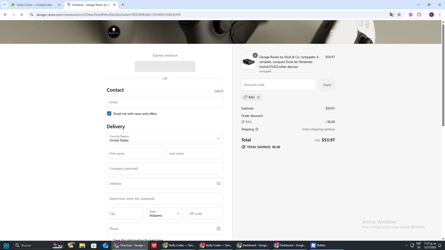 Savage Raven promo code screenshot showing code BAG applied at Savage Raven checkout page. Uploaded by SimplyCodes community member AVAMUSTANG on Jul 13, 2025