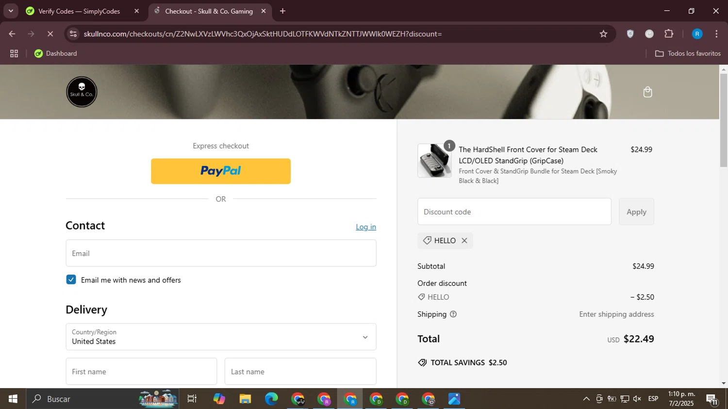 Savage Raven promo code screenshot showing code HELLO applied at Savage Raven checkout page. Uploaded by SimplyCodes community member Aemontar on Feb 7, 2025