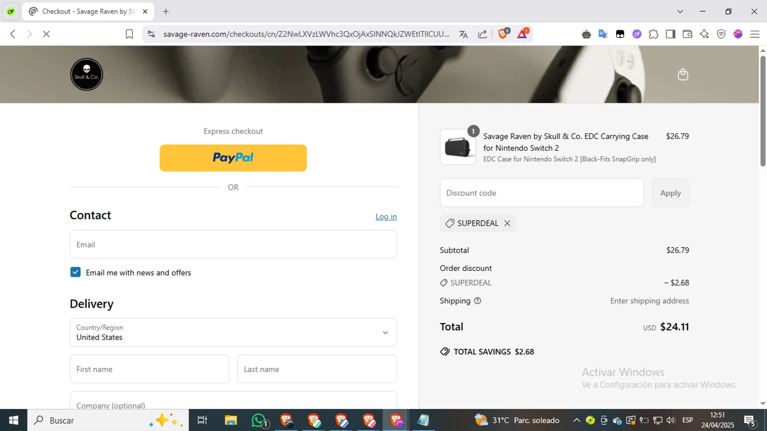 Savage Raven promo code screenshot showing code SUPERDEAL applied at Savage Raven checkout page. Uploaded by SimplyCodes community member CashSpotter9266 on Apr 24, 2025